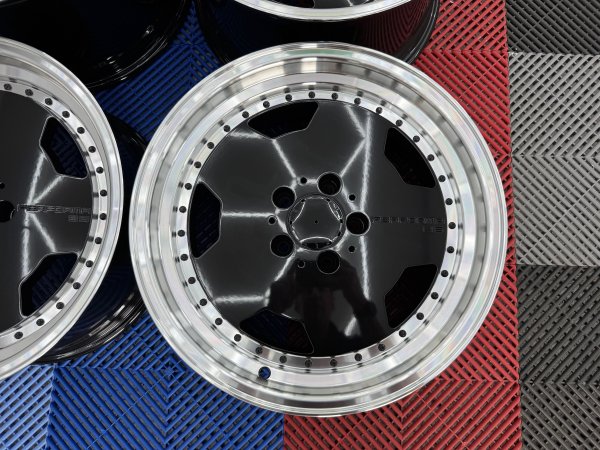 New 17 Inch AM Performa 25 Monoblock Style Alloy Wheels In Gloss Black With Polished Deep Dish, Deeper 9.5" Rear 5x112